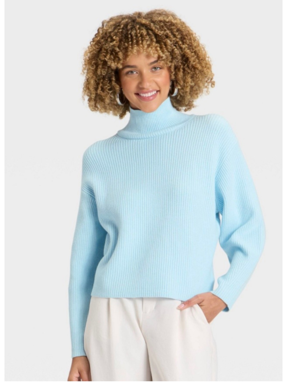 A New Day Women’s Long Sleeve Mock Turtleneck Funnel Pullover Sweater Light Blue